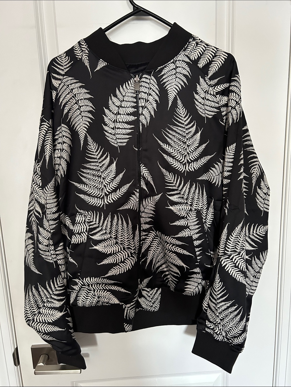 H&M Black Bomber Jacket reversible with White Fern Print - Size Large